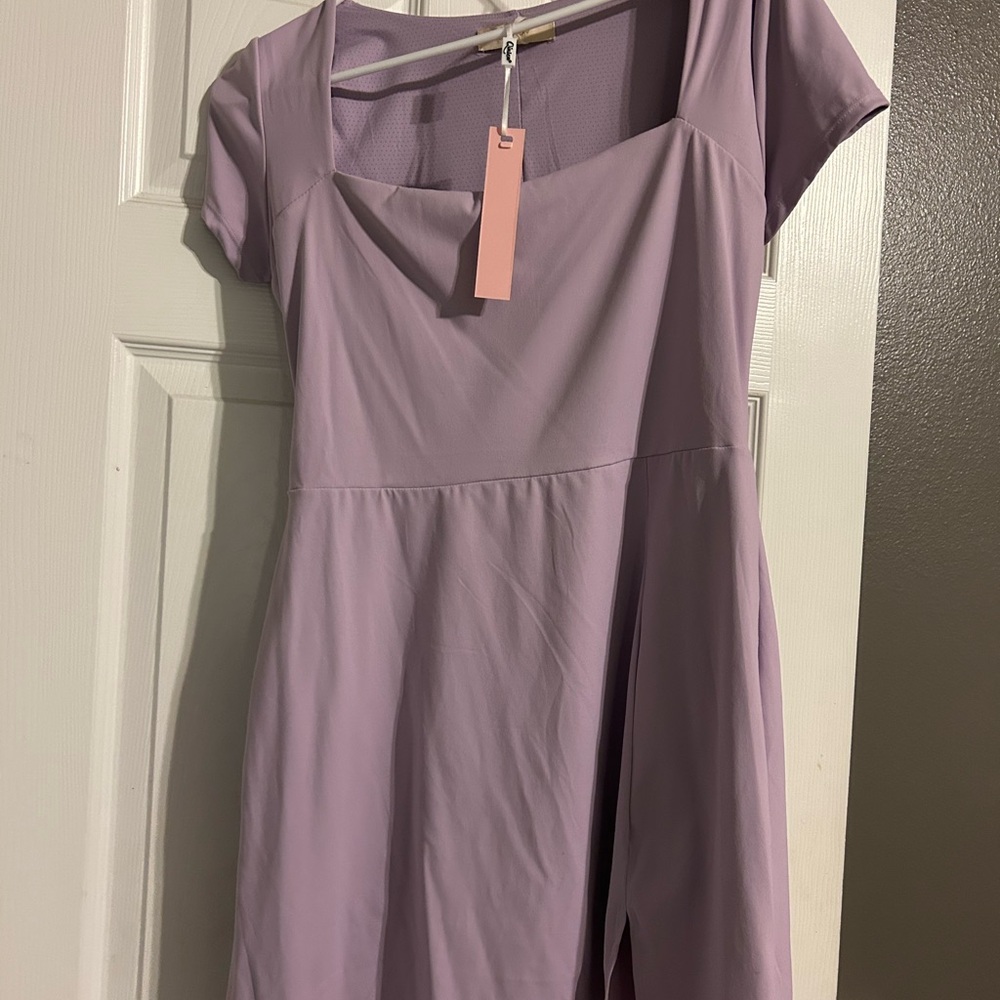 QINSEN Womens Square Neck Tennis Dress Short Sleeve Built in Shorts - Picture 5 of 7